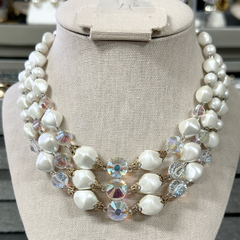 Vintage Faux Pearl And Aurora Borealis Crystal Necklace Three Strand Spring